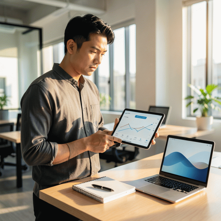 Seorang profesional muda Indonesia yang tampak terorganisir dan percaya diri di co-working space modern, berinteraksi dengan tablet yang menampilkan visualisasi progres karir yang rapi dan terstruktur.