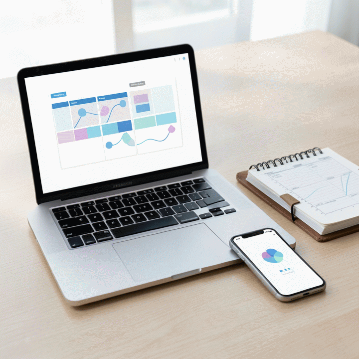 Komposisi meja kerja yang menggabungkan alat manajemen proyek operasional dan pelacakan keuangan digital, menunjukkan sistem kerja yang terintegrasi.