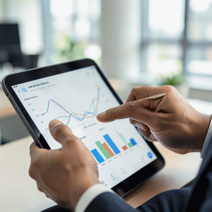 Tangan profesional sedang meninjau data keuangan dan pelacakan pengeluaran pada tablet, menunjukkan proses analisis bisnis yang terperinci.