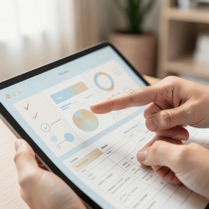 Tangan yang menunjuk ke dashboard perencanaan digital yang terorganisir, menunjukkan proses pengecekan data anggaran dan tamu yang efisien.