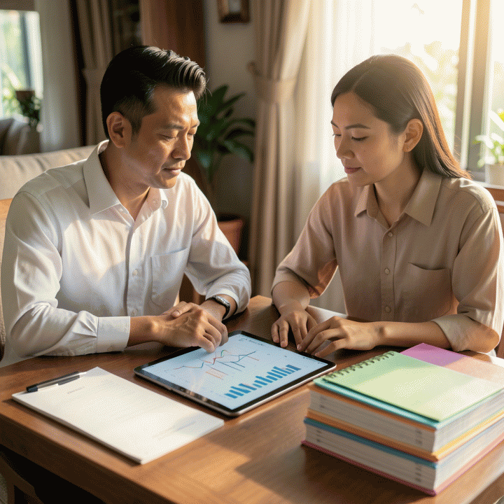 Pasangan pengantin modern yang terlihat tenang dan terorganisir saat merencanakan pernikahan di meja yang rapi, dengan visualisasi data dan perencanaan yang terstruktur.