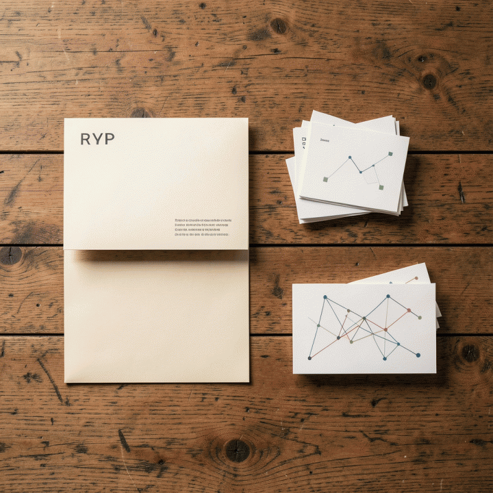 Tampilan atas (flat lay) dari kartu tamu dan alat bantu visualisasi data kehadiran tamu yang tertata rapi dan terkoordinasi.