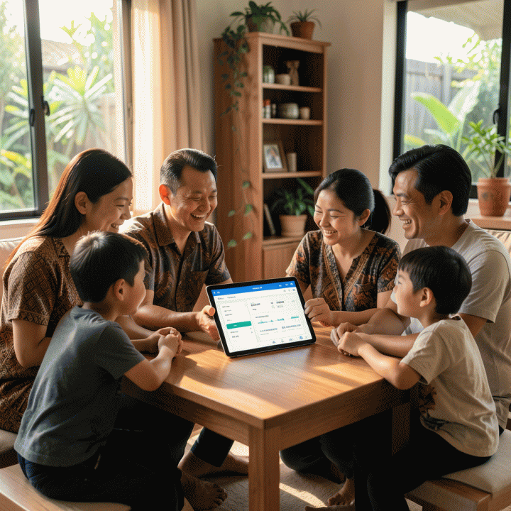 Keluarga Indonesia yang bahagia dan tenang saat merencanakan keuangan menggunakan tablet digital di ruang tamu yang nyaman.