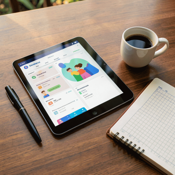 Tata letak datar (flat lay) yang menunjukkan perencanaan keuangan keluarga yang modern, menggabungkan tablet digital dan peralatan tulis tangan yang rapi.