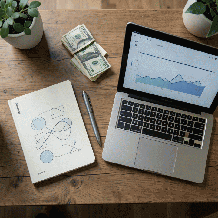 Flat lay rencana keuangan keluarga, menunjukkan alat bantu seperti buku anggaran, pena, dan visualisasi data di atas meja kayu.