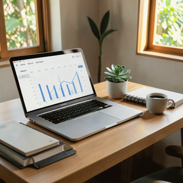 Meja kerja modern dengan laptop menampilkan visualisasi data keuangan yang bersih dan rapi, dikelilingi oleh alat perencanaan keuangan dan suasana yang tenang, melambangkan pengelolaan keuangan keluarga.