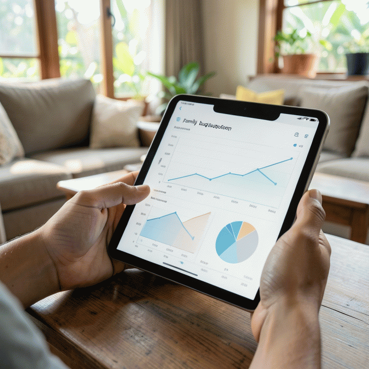Tangan yang sedang berinteraksi dengan spreadsheet digital di tablet, menunjukkan proses penganggaran keuangan keluarga yang terstruktur dan mudah dipahami.
