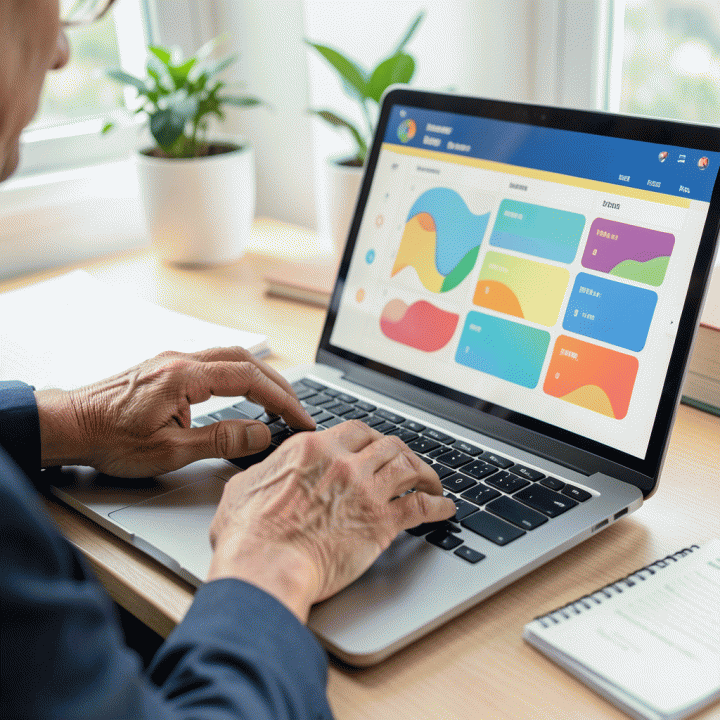 Tangan yang sedang bekerja di laptop yang menampilkan dashboard anggaran keluarga yang abstrak, menunjukkan proses pengelolaan keuangan secara digital.