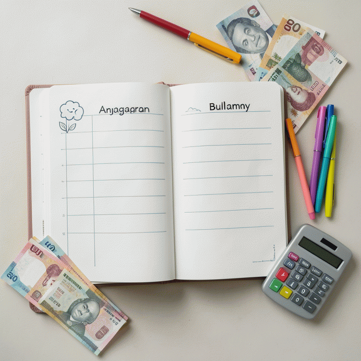 Flat lay estetis peralatan perencanaan keuangan keluarga: buku catatan anggaran bulanan, pulpen warna-warni, kalkulator, dan uang tunai Rupiah.