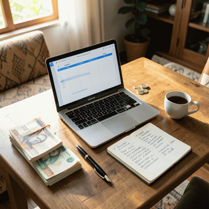 Foto atas meja kerja yang rapi dan profesional dengan laptop menampilkan data keuangan abstrak, uang tunai Rupiah, pulpen, dan jurnal tulisan tangan di suasana rumah Indonesia, melambangkan perencanaan keuangan keluarga.