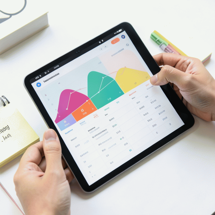 Perjalanan tangan di atas laptop/tablet yang menampilkan antarmuka spreadsheet abstrak untuk melacak anggaran keluarga secara mudah.