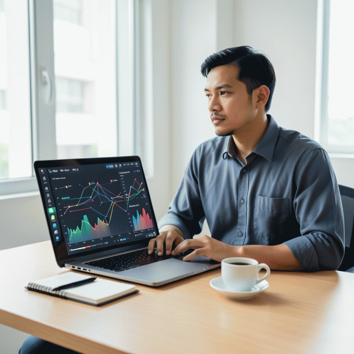 Freelancer profesional yang fokus bekerja di depan laptop yang menampilkan dashboard manajemen keuangan dan operasional yang terintegrasi, melambangkan efisiensi bisnis.