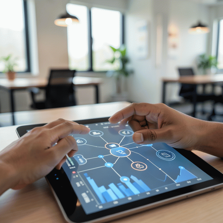 Tangan profesional menggunakan tablet untuk memvisualisasikan hubungan antara operasional proyek dan data keuangan secara terintegrasi.
