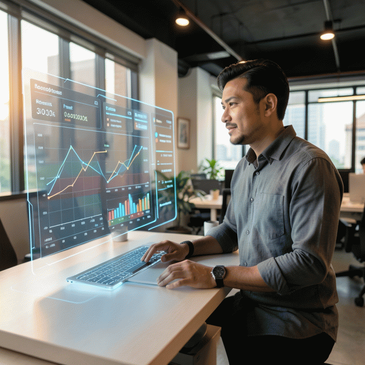 Seorang freelancer profesional Indonesia di co-working space modern sedang meninjau dashboard digital terpadu yang menunjukkan sinergi antara manajemen proyek dan data keuangan, melambangkan kendali operasional dan profitabilitas.