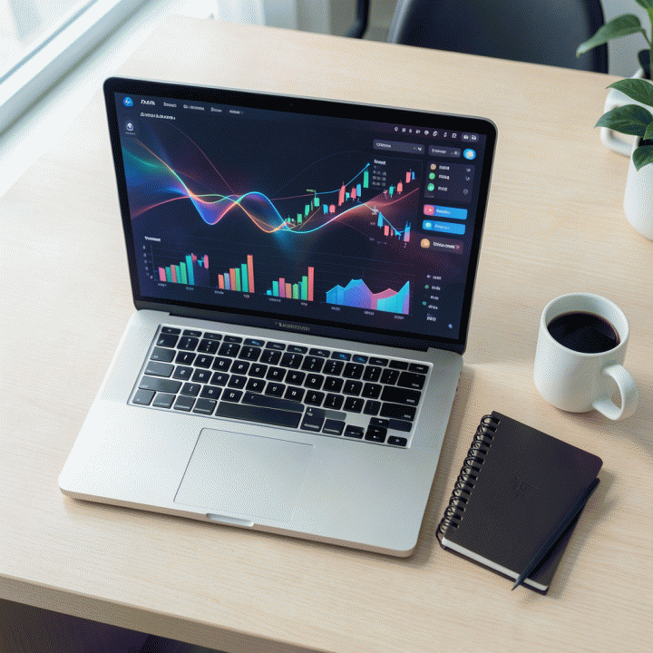 Tampilan atas meja kerja modern dengan laptop yang menampilkan dashboard keuangan yang abstrak dan terorganisir, menunjukkan kontrol finansial yang terpusat.