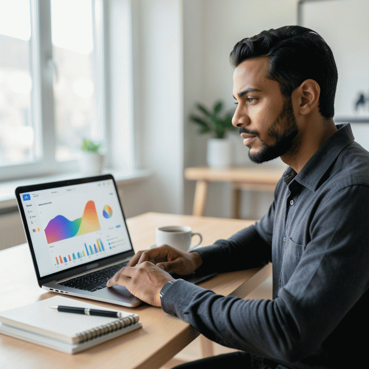 Seorang freelancer profesional di meja kerja yang rapi, fokus menatap laptop yang menampilkan dasbor data keuangan dan operasional yang terpadu dan bersih, melambangkan manajemen proyek dan keuangan yang terorganisir.