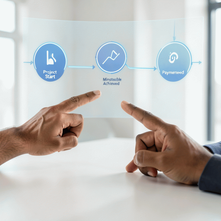 Dua tangan yang menunjuk pada diagram alir digital yang menunjukkan proses bisnis yang mulus, dari awal proyek hingga pembayaran diterima, melambangkan otomatisasi siklus bisnis.