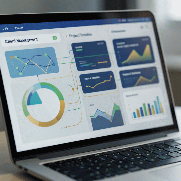 Tampilan antarmuka digital yang terintegrasi, menampilkan visualisasi data klien, proyek, dan keuangan secara abstrak dan modern, tanpa teks yang terbaca.