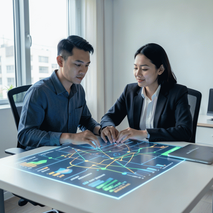 Seorang freelancer profesional Indonesia bekerja di meja kerja modern dengan antarmuka digital abstrak yang menampilkan visualisasi data keuangan yang terintegrasi, melambangkan pengelolaan bisnis yang optimal.
