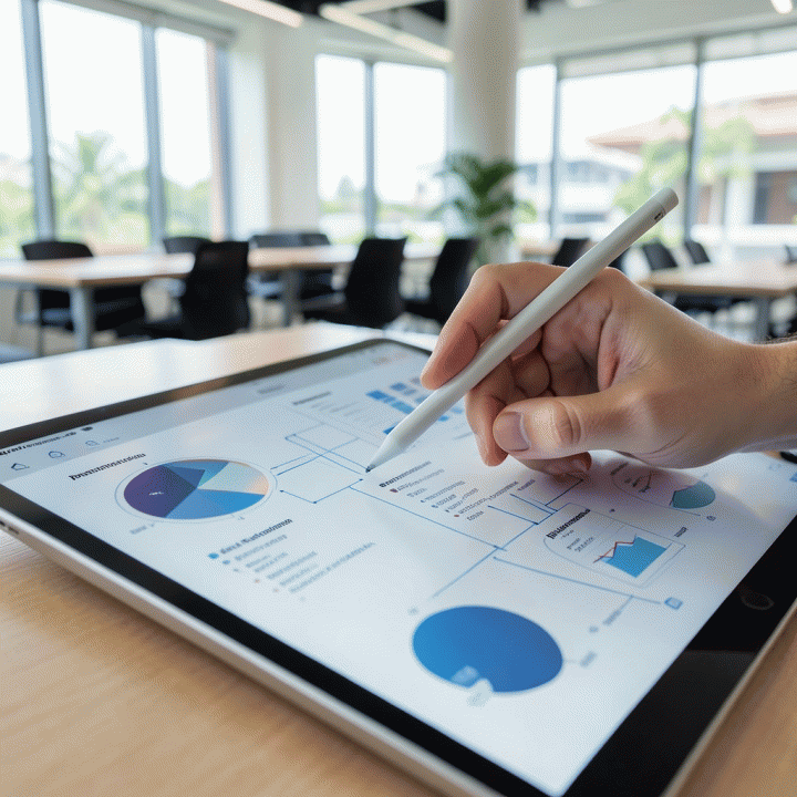 Tangan profesional yang berinteraksi dengan tablet digital yang menampilkan dasbor abstrak untuk mengelola proyek dan keuangan secara terpadu.
