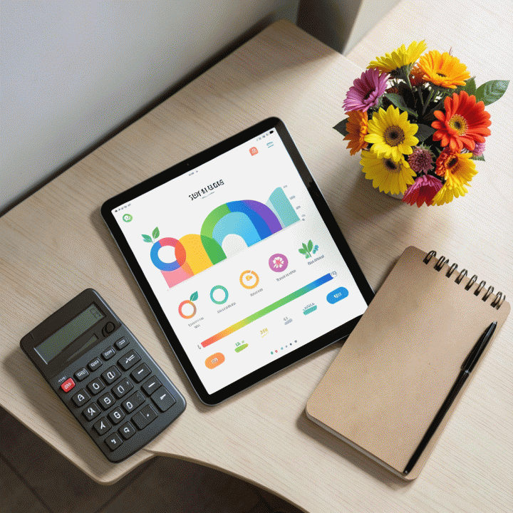 Tampilan datar (flat lay) meja yang berisi tablet menampilkan antarmuka visualisasi anggaran yang terorganisir, dikelilingi alat tulis dan bunga.