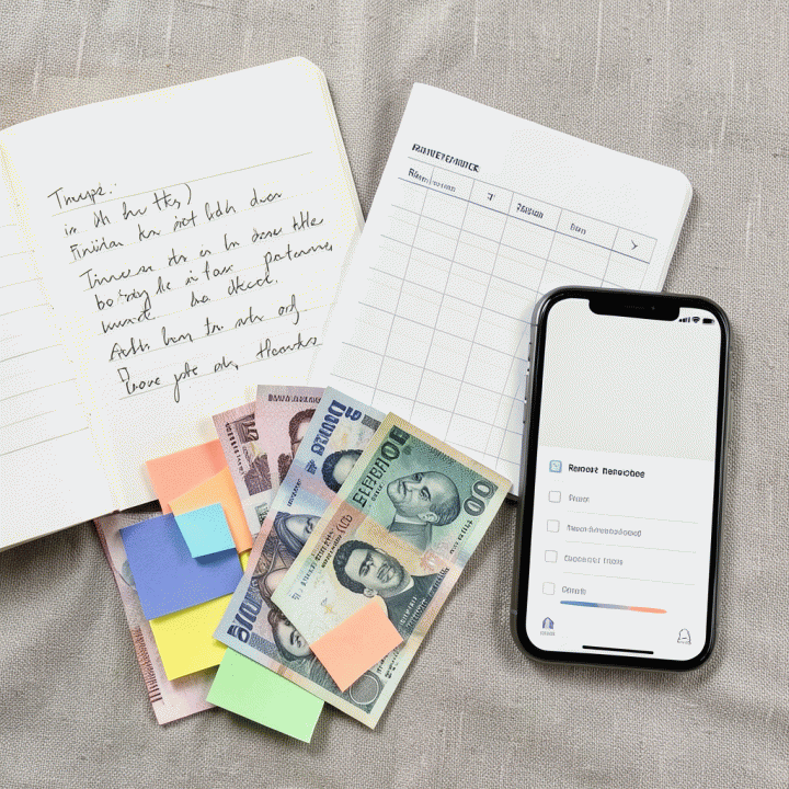Foto datar (flat lay) yang rapi menampilkan berbagai peralatan perencanaan pernikahan, termasuk buku catatan keuangan, daftar tamu, dan uang tunai Rupiah yang tertata rapi.