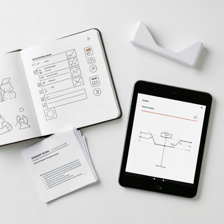 Tampilan datar (flat lay) yang terorganisir dari alat-alat perencanaan pernikahan, termasuk buku catatan dan tablet digital, menyoroti manajemen checklist dan vendor yang rapi.