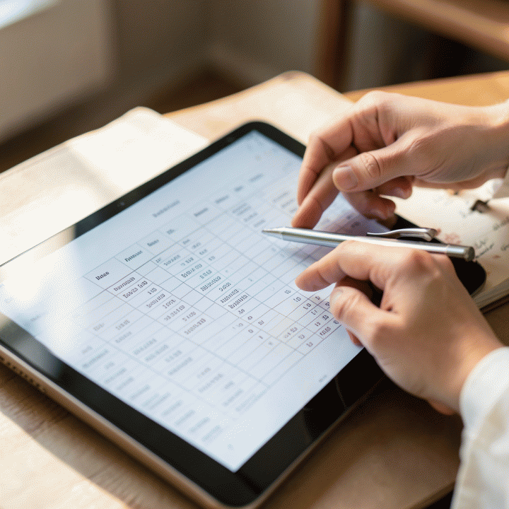 Tangan yang berkolaborasi meninjau anggaran pernikahan terperinci di tablet dan rencana fisik, menunjukkan pengelolaan keuangan yang cermat.