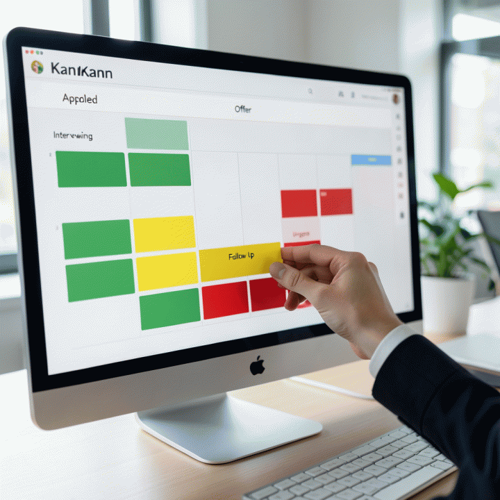 Tampilan digital papan Kanban yang terorganisir dan profesional di atas meja kerja, menunjukkan alur tahapan pelacakan lamaran kerja secara sistematis, menonjolkan manajemen proyek karir.