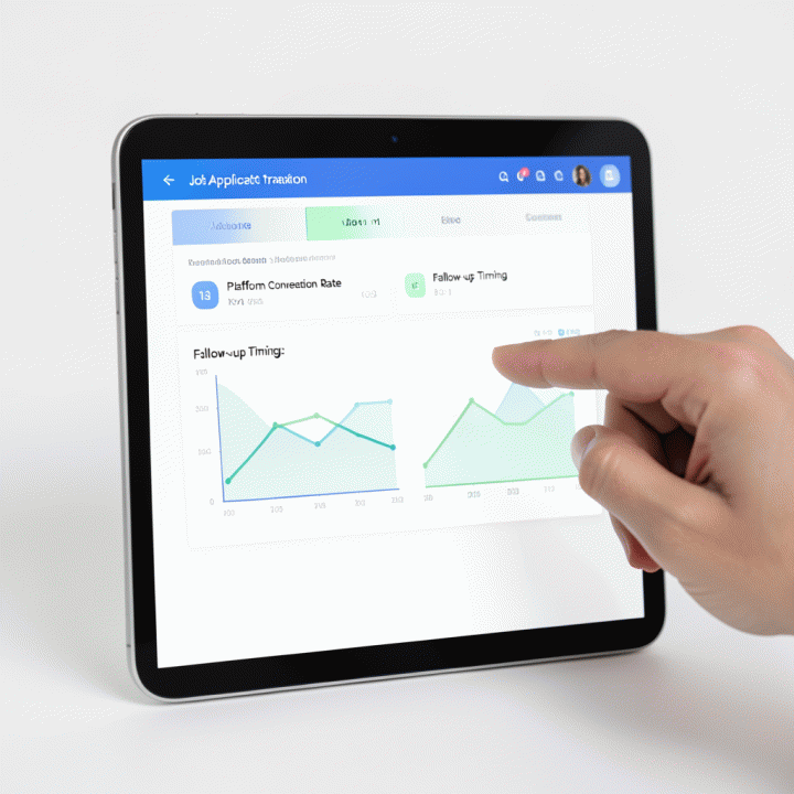 Tampilan dashboard tracking aplikasi kerja di tablet yang bersih dan minimalis, menampilkan grafik analitik konversi platform secara visual untuk membantu pelacakan karir.