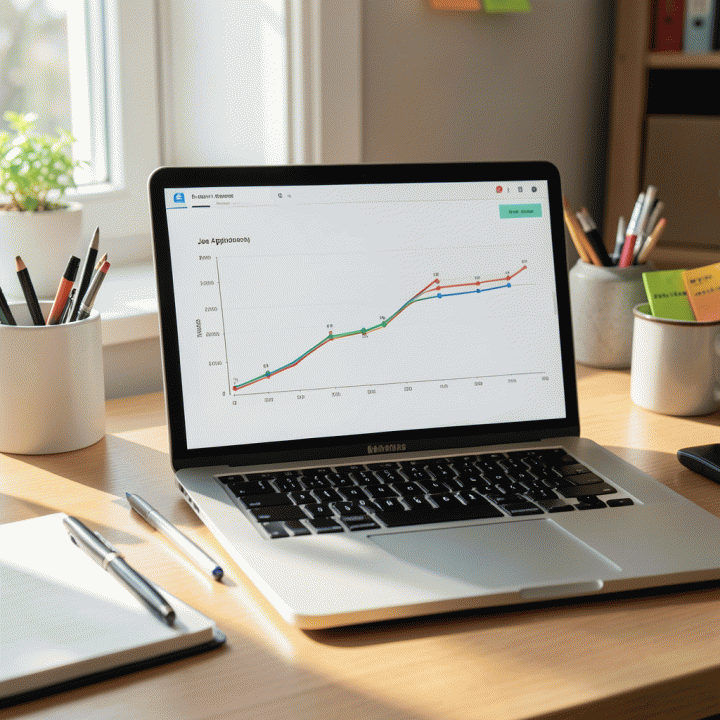 Meja kerja yang rapi dengan laptop menampilkan visualisasi linimasa kronologis dari proses lamaran kerja, menekankan pentingnya sistem pengarsipan dan pelacakan langkah demi langkah.