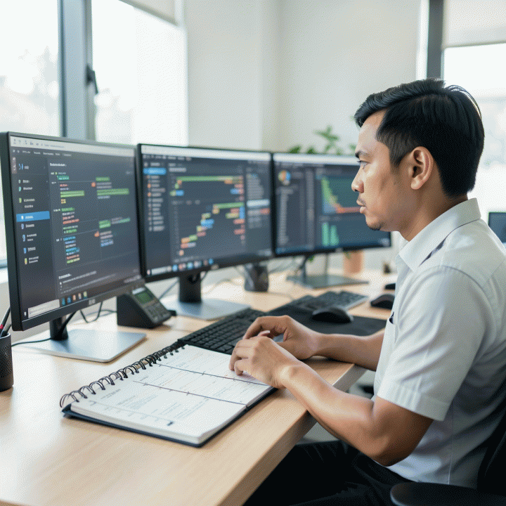 Seorang profesional yang fokus di meja kerja modern, meninjau sistem tracker proyek atau lamaran kerja digital yang terorganisir, melambangkan pengelolaan karir yang sistematis.