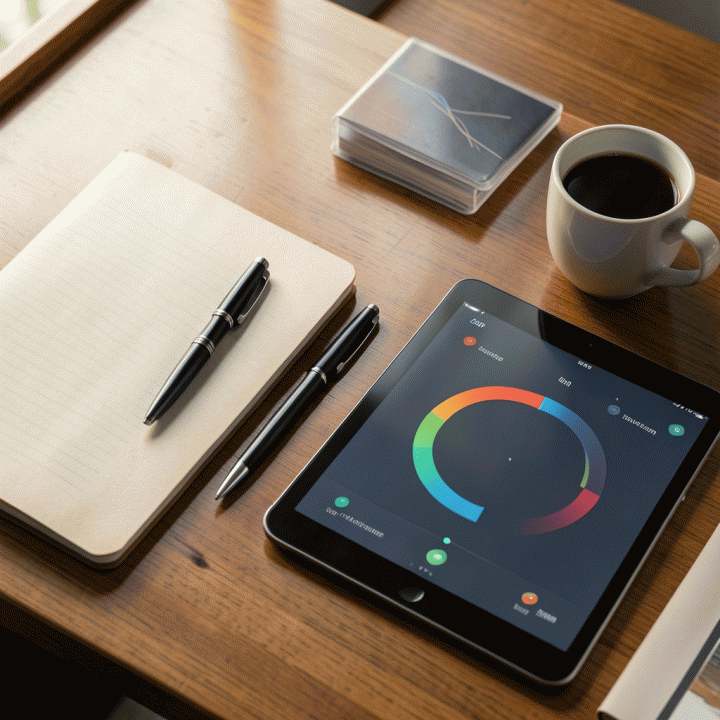 Komposisi flat lay meja kerja yang rapi, menampilkan buku catatan, pena profesional, dan tablet digital yang menunjukkan status progres kerja, menekankan pentingnya perencanaan dan pelacakan.