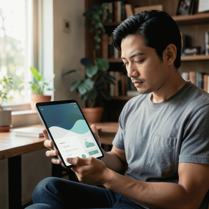 Seorang individu Indonesia yang sedang menulis jurnal digital di tablet yang aman dan pribadi, menggambarkan refleksi diri dan perlindungan data.