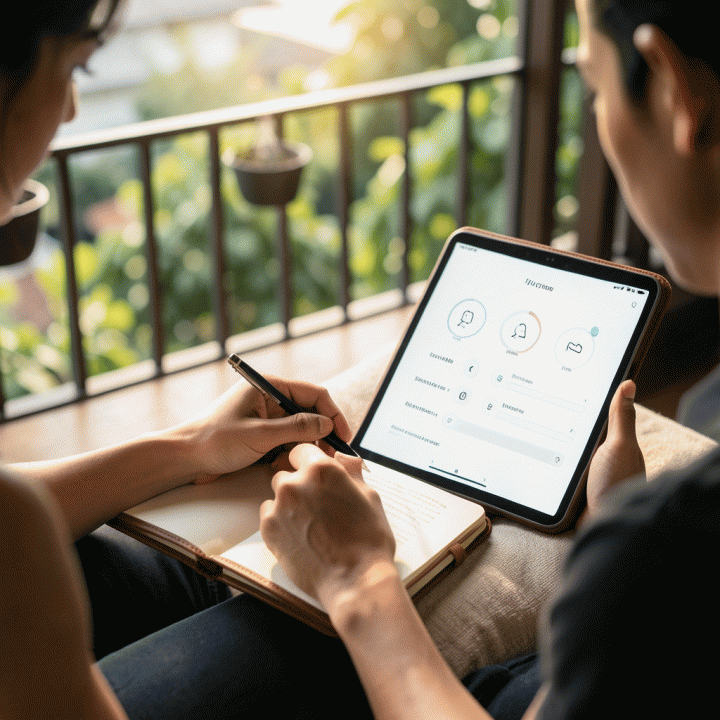 Seorang profesional muda Indonesia yang sedang melakukan refleksi diri dengan menulis dalam jurnal fisik di samping tablet digital yang menampilkan antarmuka journaling AI yang bersih dan minimalis, menciptakan suasana tenang dan introspektif.