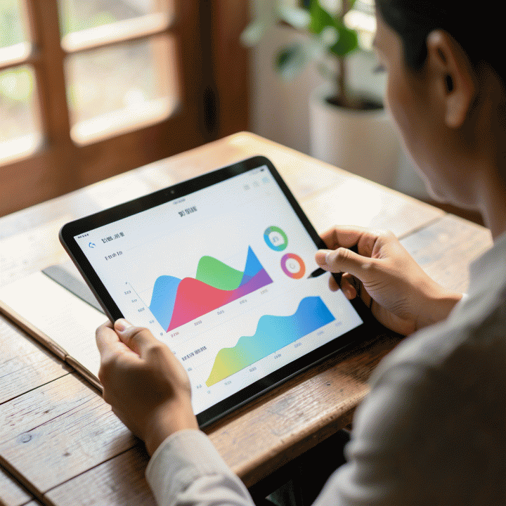 Seseorang sedang menggunakan tablet untuk melacak suasana hati dan merefleksikan diri melalui antarmuka AI journaling yang menampilkan visualisasi data emosional yang bersih.