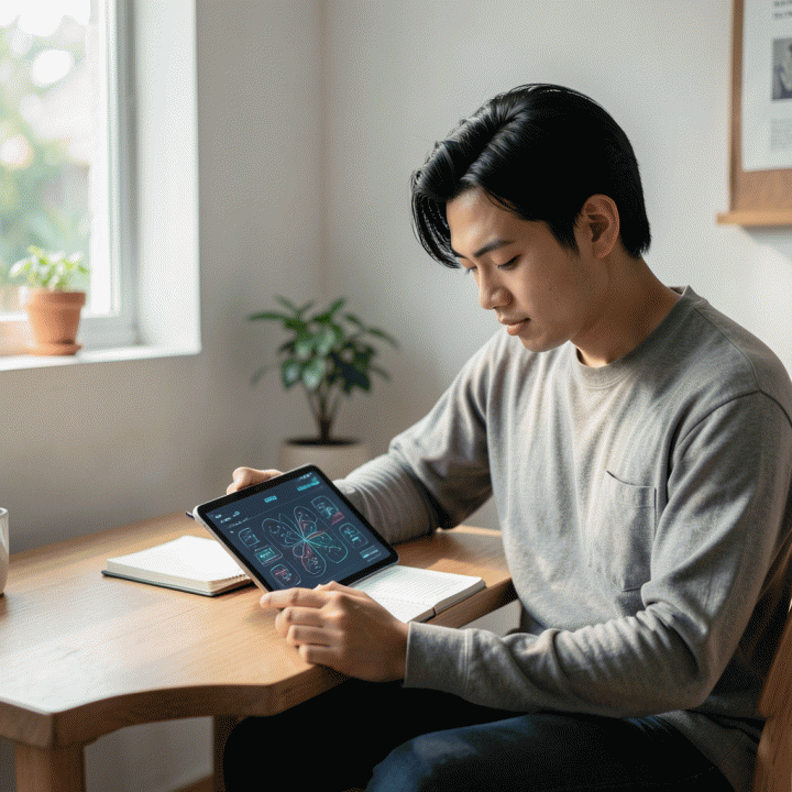 Seseorang yang sedang melakukan refleksi diri dengan tenang, menggunakan jurnal atau tablet AI di ruangan yang nyaman, melambangkan ketenangan pikiran dan keteraturan.