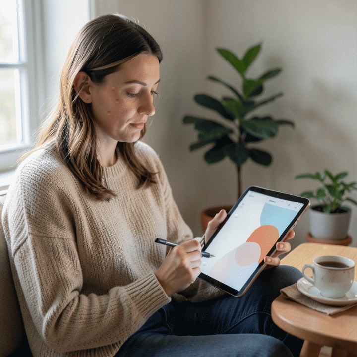 Seseorang yang sedang duduk dengan tenang di sudut yang nyaman, menggunakan tablet digital untuk menulis jurnal refleksi, menggambarkan momen keheningan dan kejernihan pikiran.