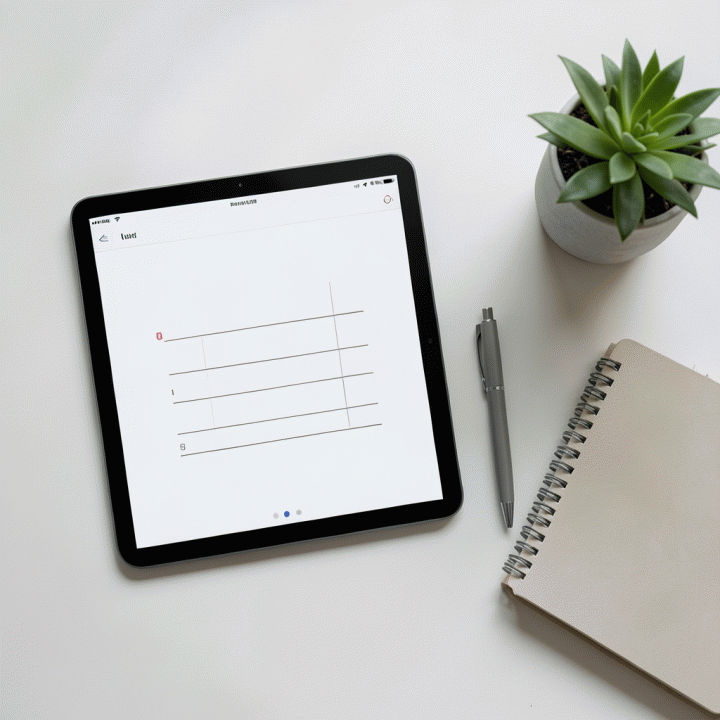 Flat lay meja kerja minimalis berisi tablet jurnal digital dan peralatan menulis, menggambarkan proses merefleksikan pikiran.