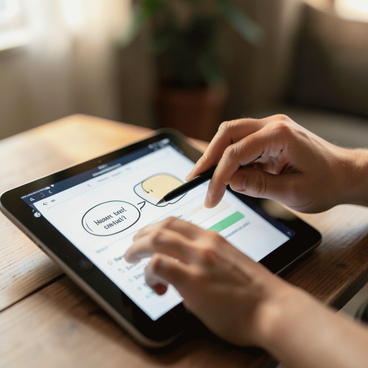 Close-up tangan yang sedang menggunakan tablet digital untuk memasukkan pikiran ke dalam jurnal, melambangkan penangkapan ide secara konsisten.