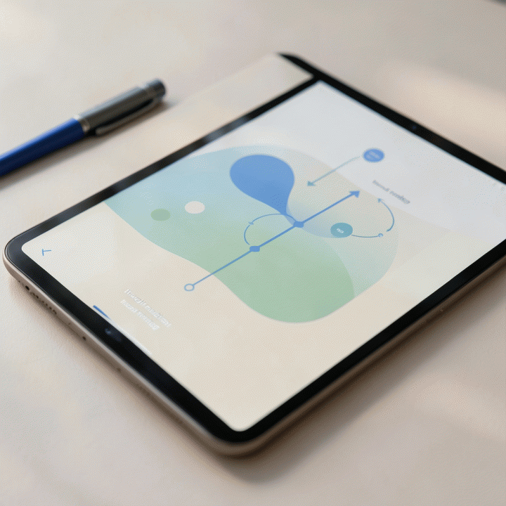 Tampilan antarmuka jurnal digital minimalis yang menampilkan visualisasi abstrak dari proses pengorganisasian pikiran dan suasana hati.