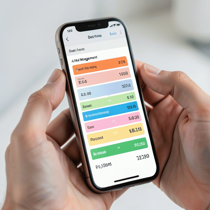 Hand interacting with a mobile app displaying a centralized debt management dashboard.