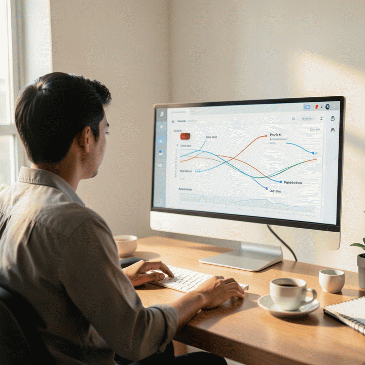 Seorang profesional muda Indonesia yang melihat dashboard keuangan digital yang bersih dan terstruktur, menunjukkan pengelolaan utang yang terpusat dan menuju kejelasan finansial.