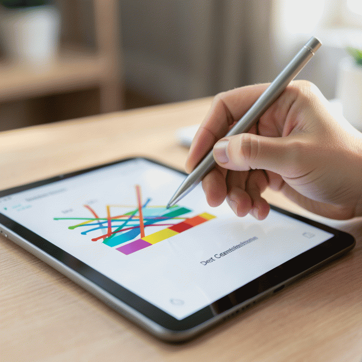 Tangan yang menggunakan stylus pada tablet, menunjukkan visualisasi abstrak konsolidasi utang yang berkurang menjadi satu garis progres.