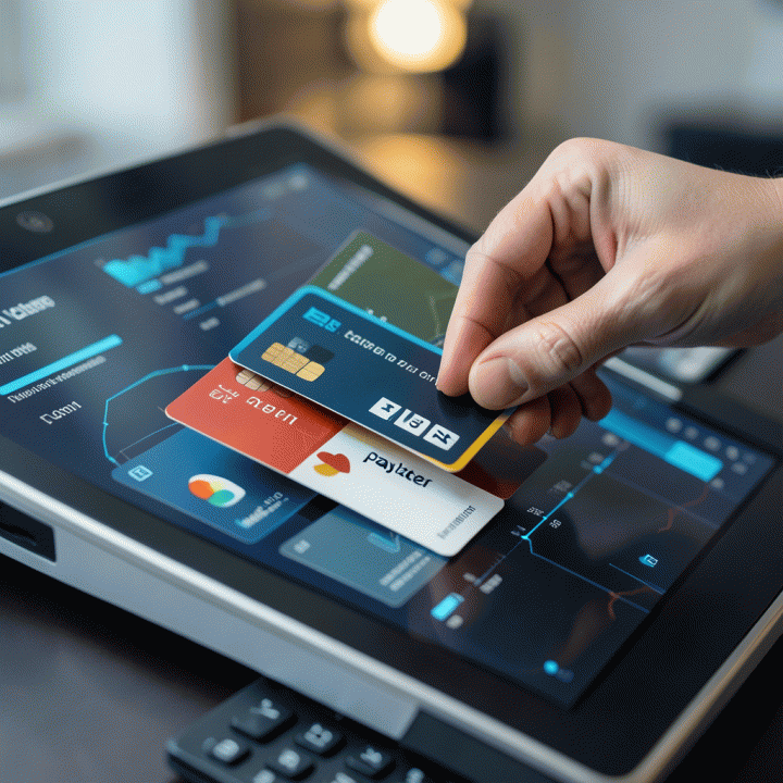 Tangan yang menyatukan berbagai jenis kartu utang (CC, pinjaman, paylater) ke dalam satu sistem manajemen utang digital yang terpusat.