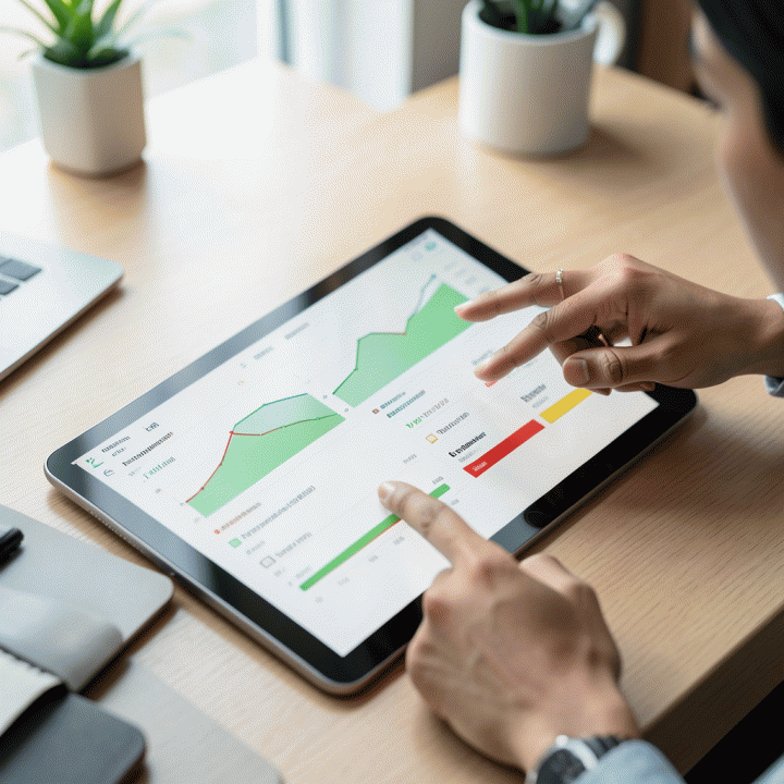Tangan profesional menunjuk ke dashboard keuangan digital yang bersih dan modern, menunjukkan visualisasi konsolidasi dan pengelolaan berbagai jenis utang dalam satu tampilan terpusat.