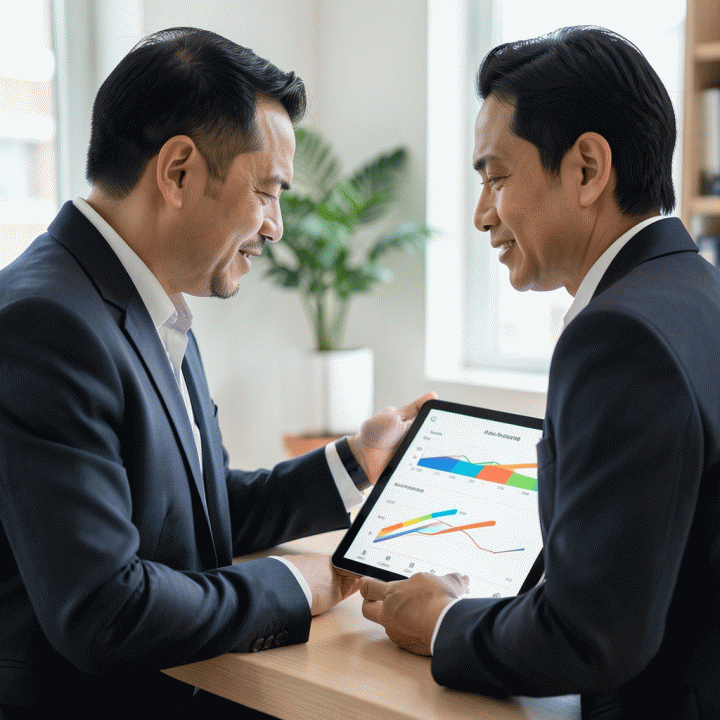 Seseorang melihat dashboard keuangan digital yang menunjukkan penurunan saldo utang secara visual, menimbulkan rasa lega dan kontrol finansial.