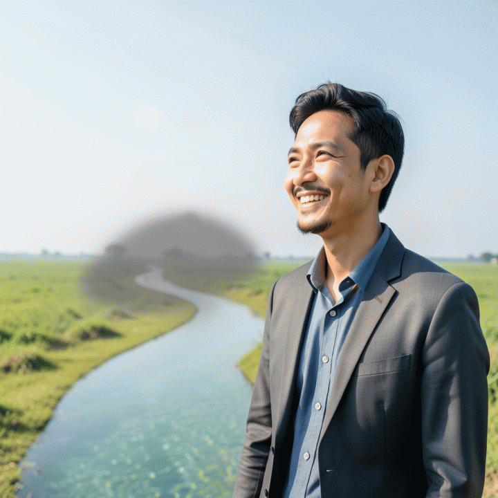 Seorang profesional muda Indonesia tersenyum dengan percaya diri menatap cakrawala terbuka, melambangkan kebebasan finansial setelah berhasil mengelola utang.