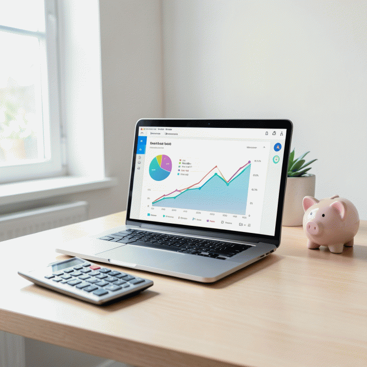 Meja kantor rumah dengan laptop menampilkan dasbor investasi yang berisi grafik lingkaran dan garis tren naik, ditemani kalkulator, celengan, dan tanaman hias.