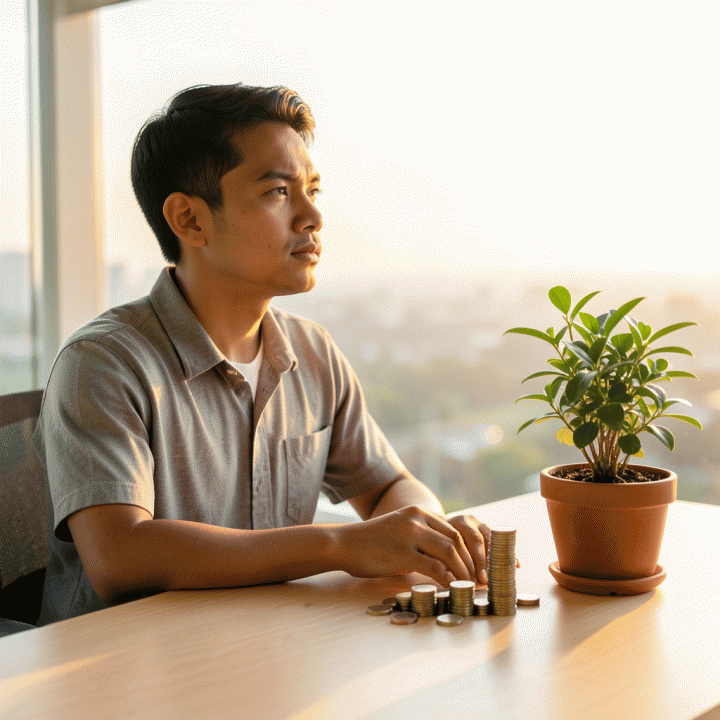 Ilustrasi sinematik seorang profesional muda Indonesia yang terlihat tenang dan optimis saat menatap masa depan finansial yang cerah, dikelilingi simbol pertumbuhan dan keteraturan.